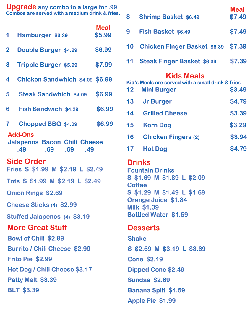 burger shop menu